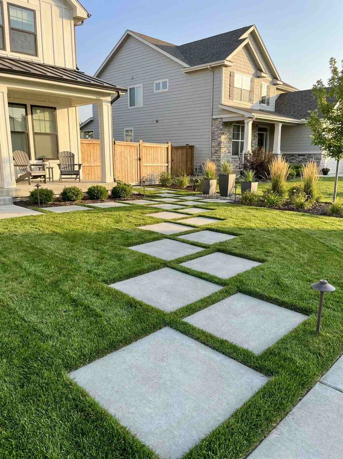 diagonal square pavers in lawn