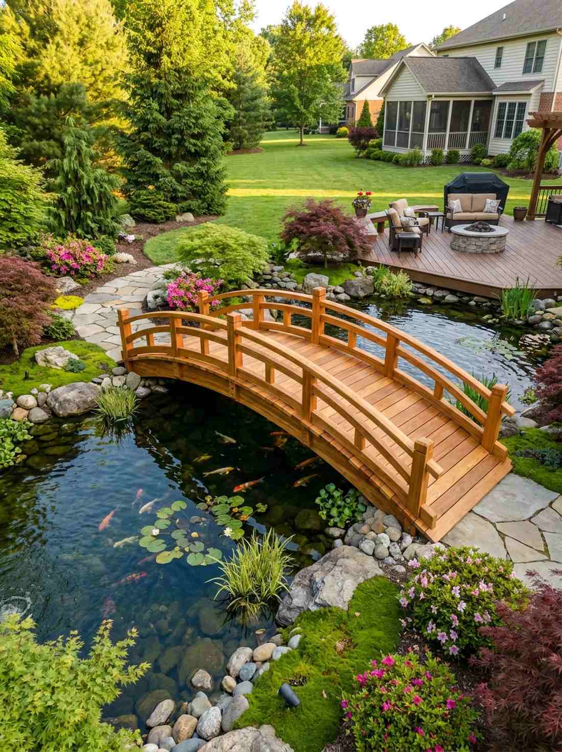 high arc cedar bridge with double rails