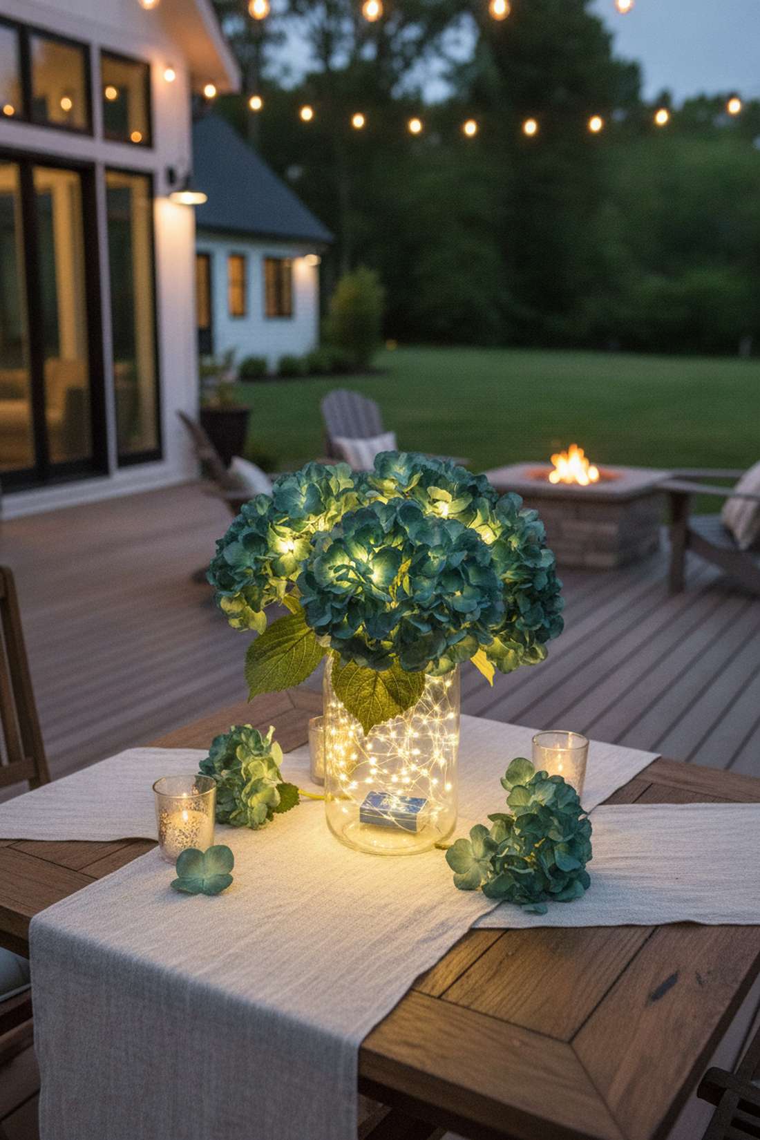 hydrangea and twinkle lights centerpiece