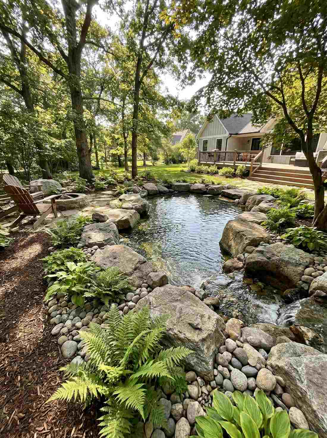 kidney shaped pond with boulder perimeter