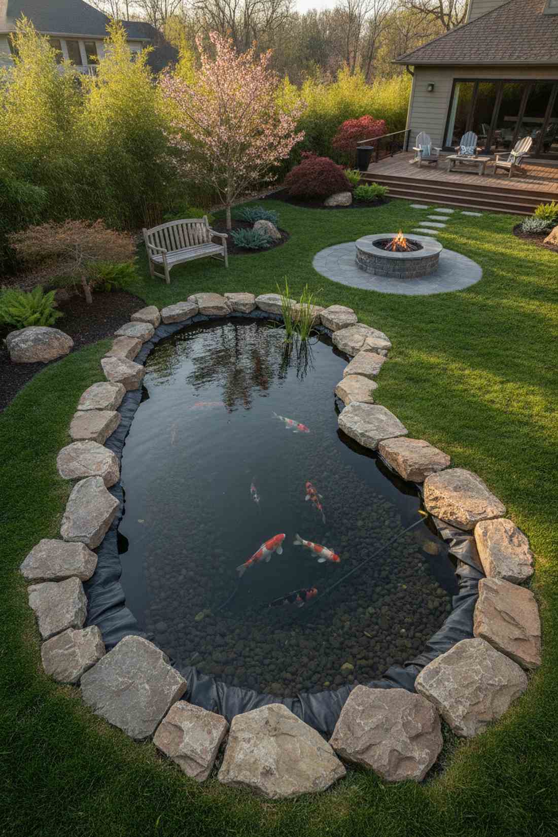 koi pond with natural stone edging