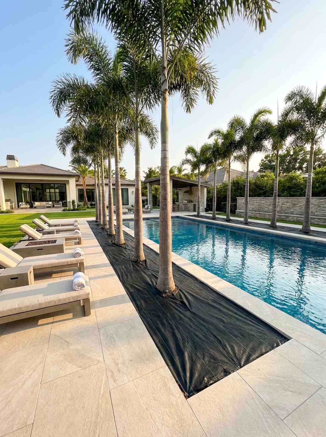 linear palm colonnade along pool deck
