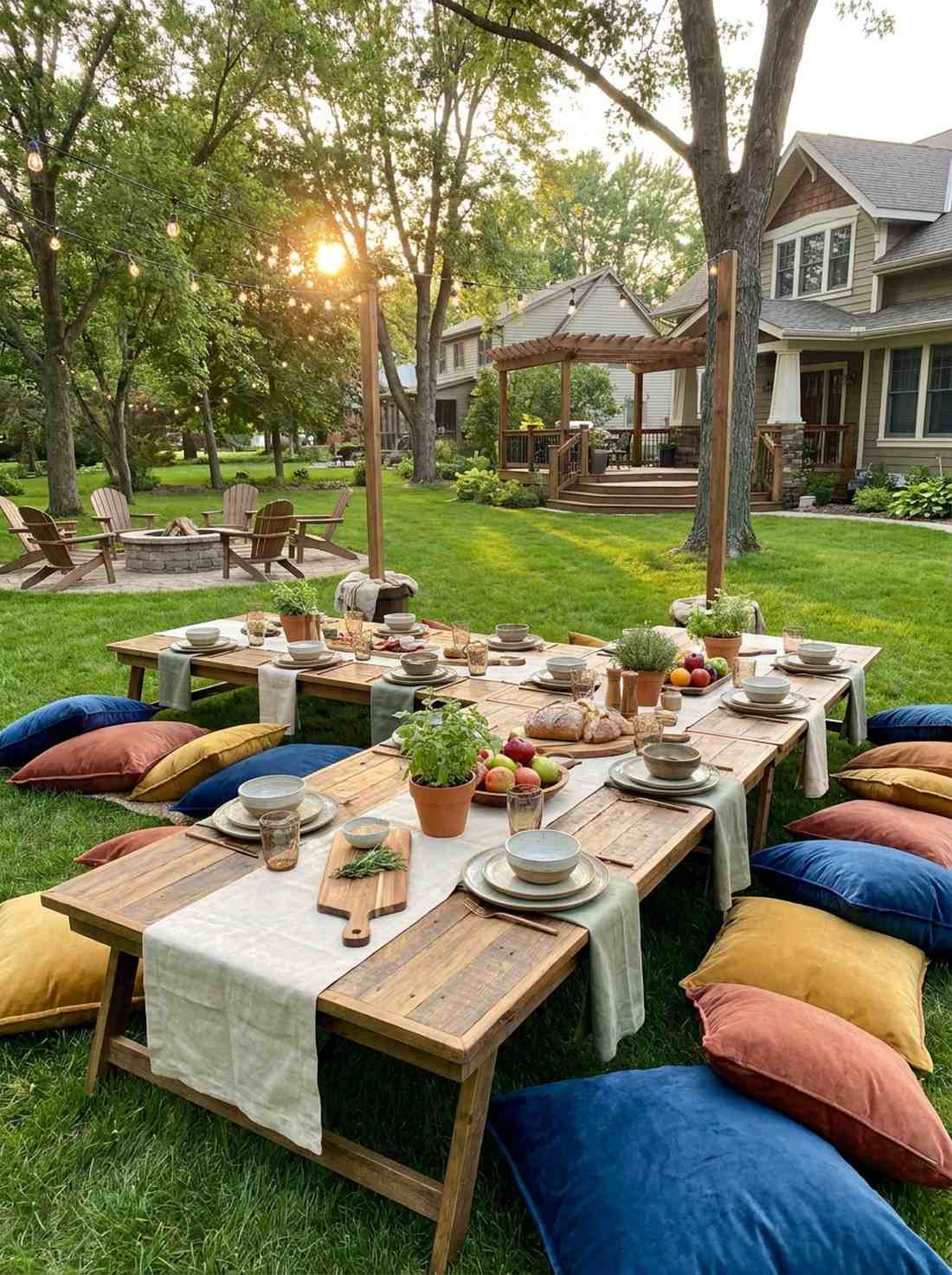 low wooden table picnic setup