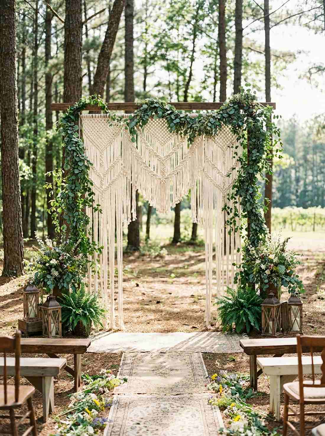 macrame ceremony backdrop with cascading greenery