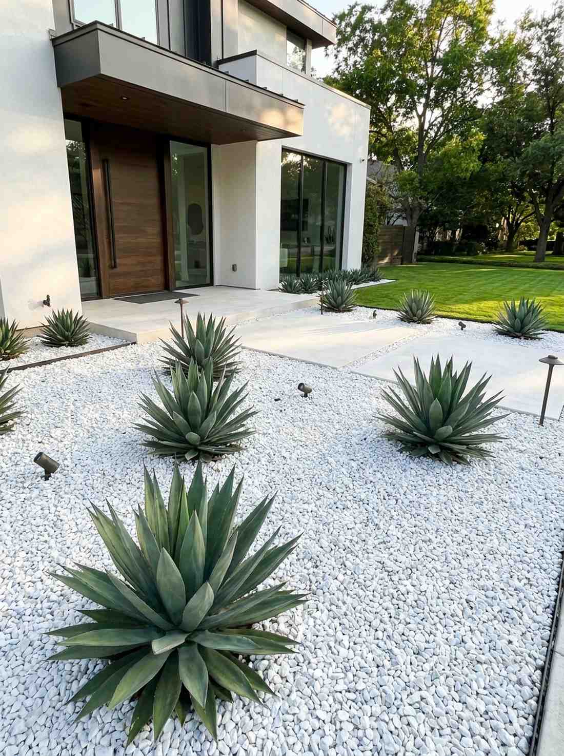 monochromatic white gravel courtyard
