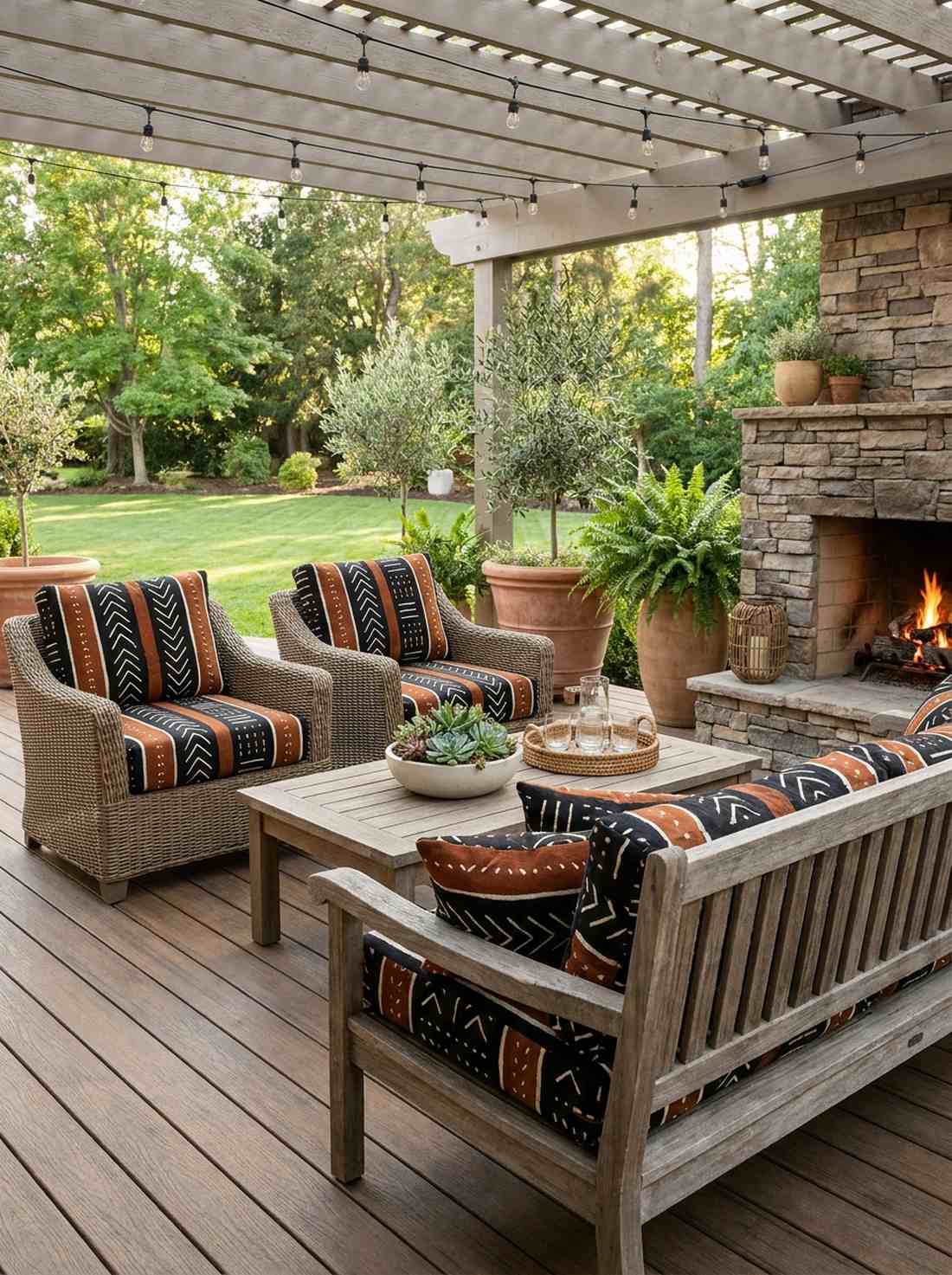 mudcloth patterned outdoor cushions