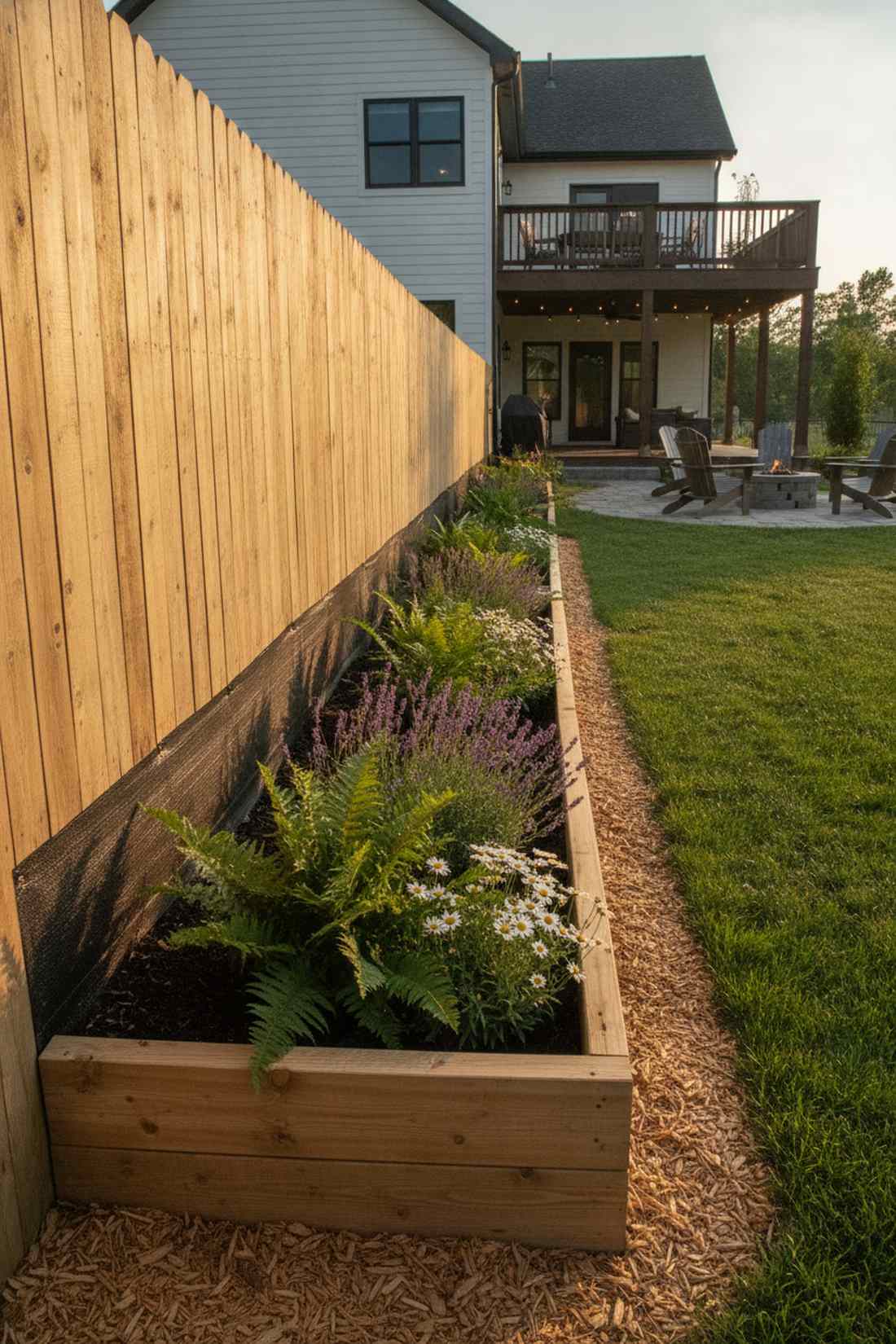 narrow cedar strip bed along the fence