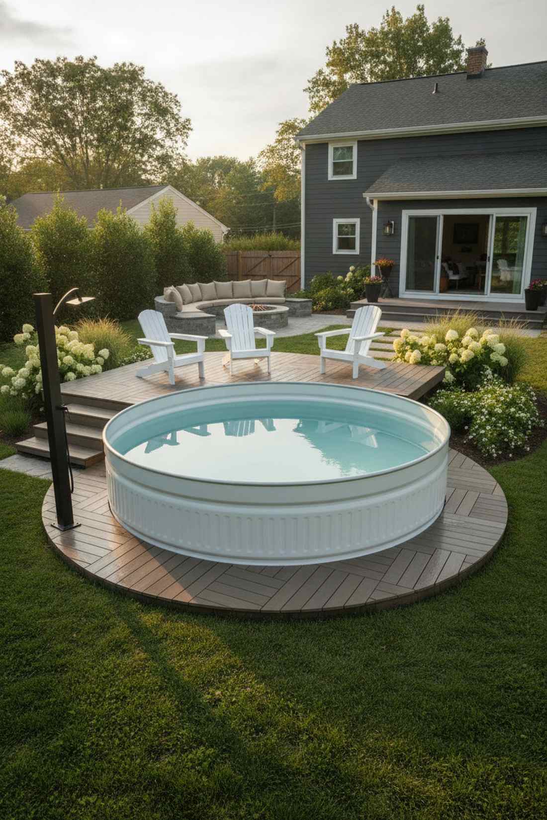painted white stock tank with deck surround
