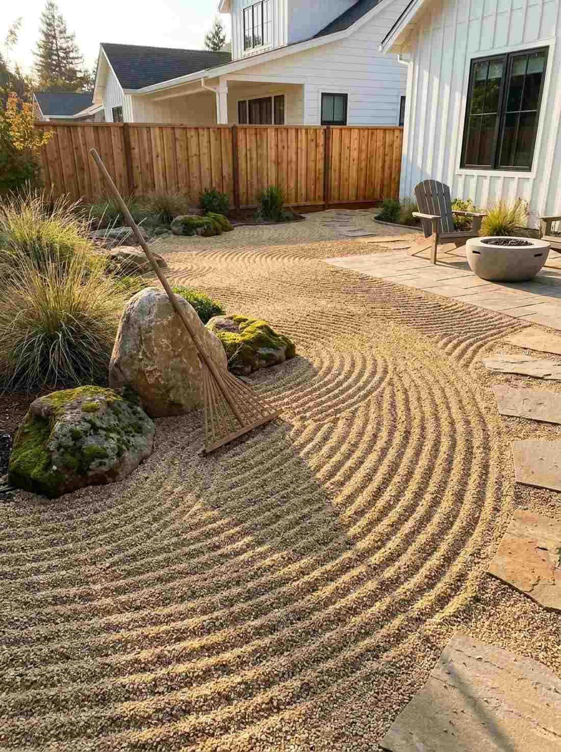 raked gravel ocean waves