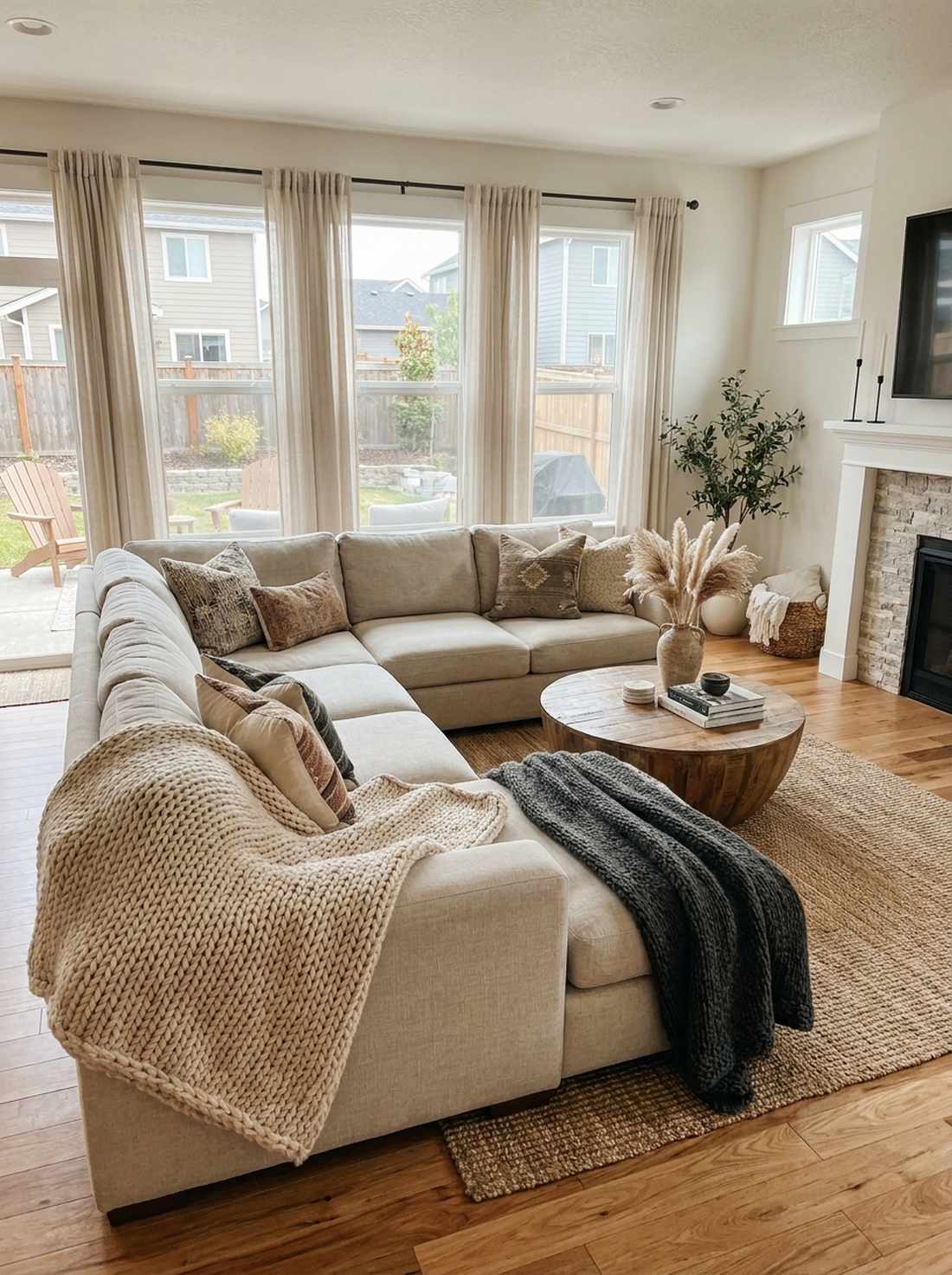 scandinavian sectional with woven throws
