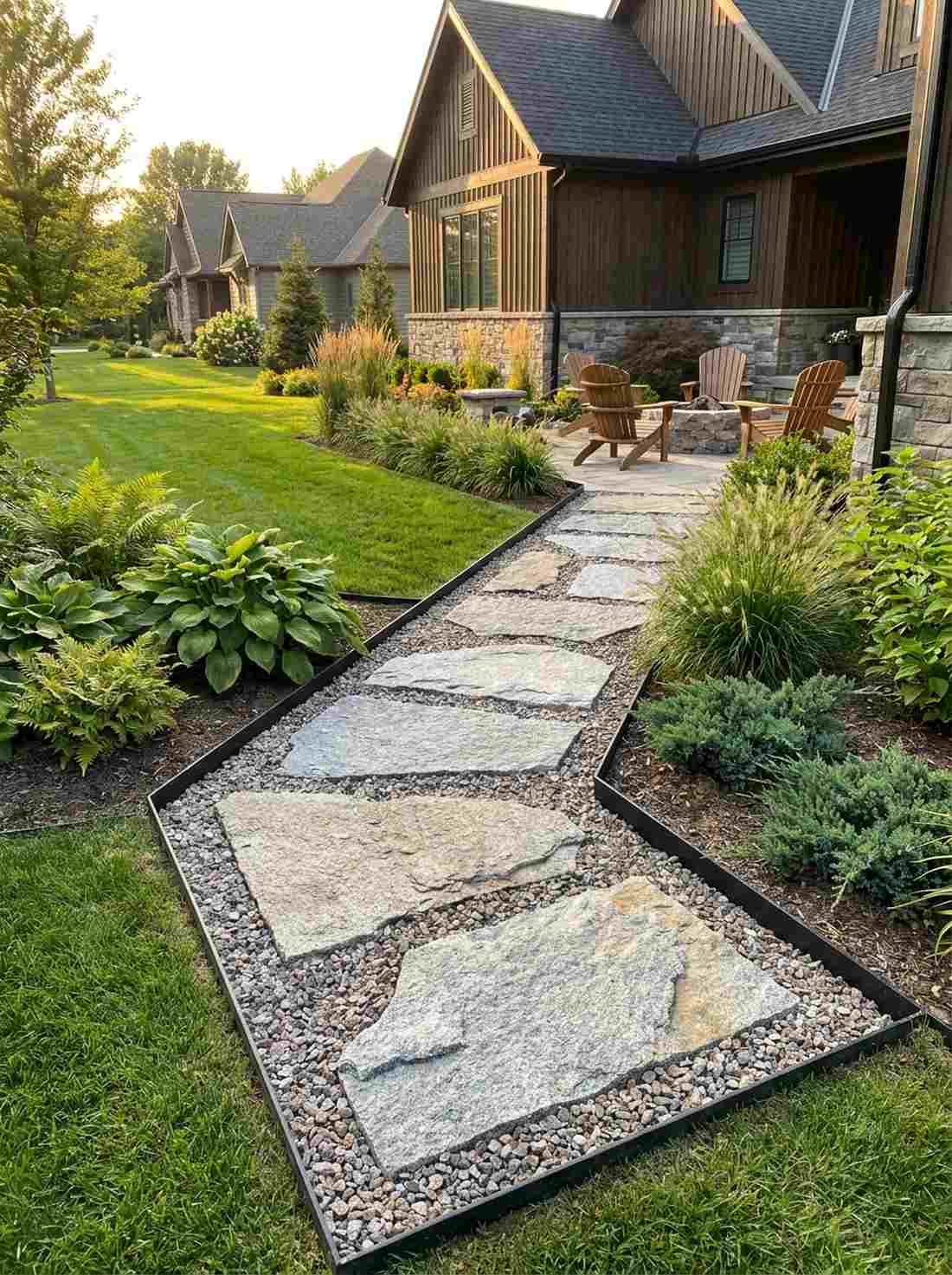 split granite pathways with steel edging