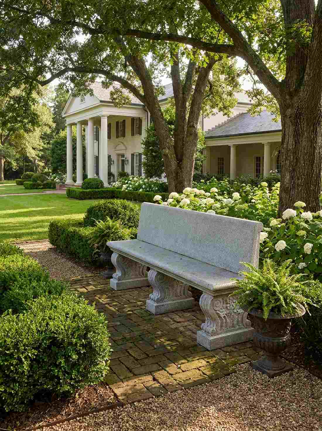 straight backed granite bench with carved legs