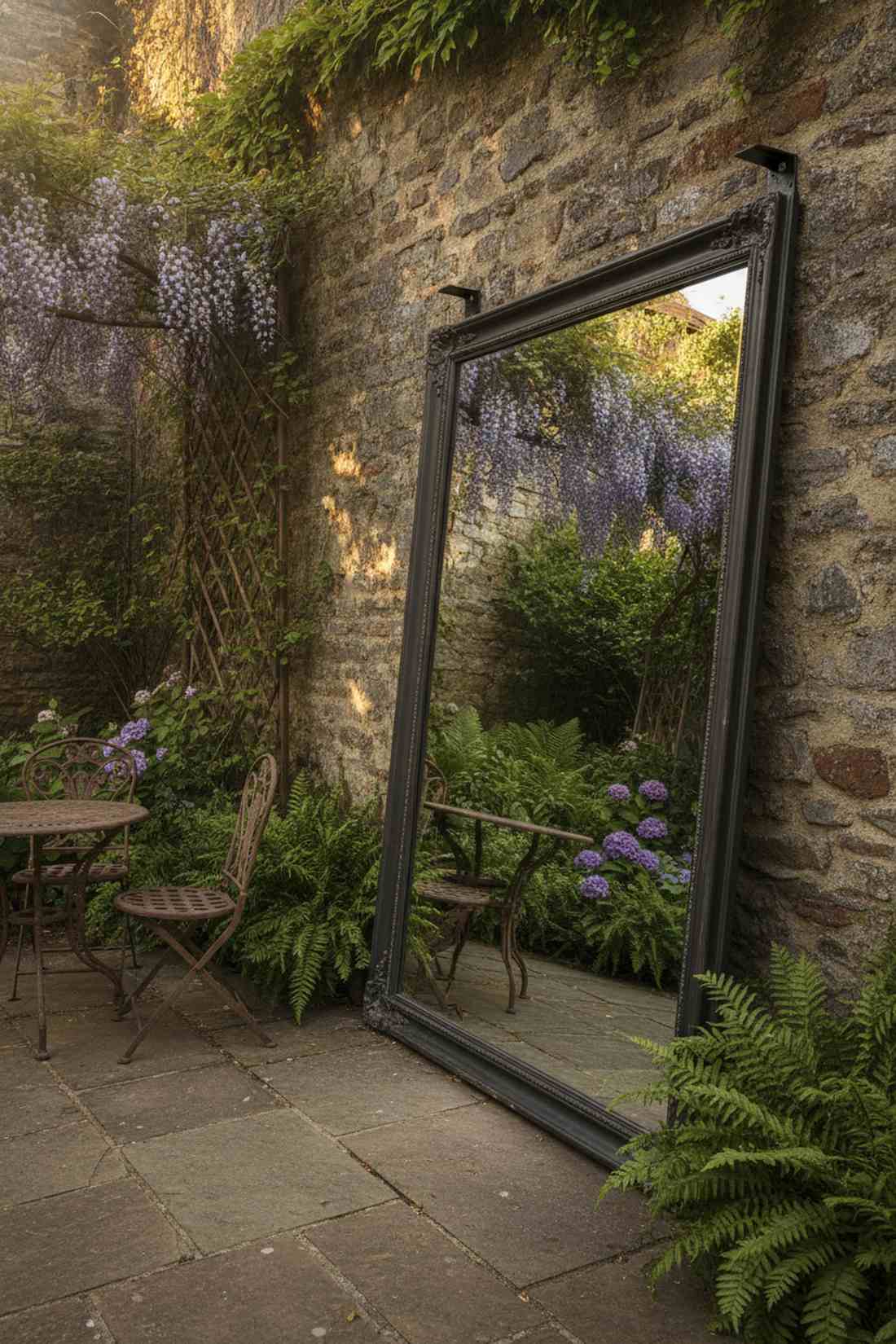 tall leaning mirror against garden wall