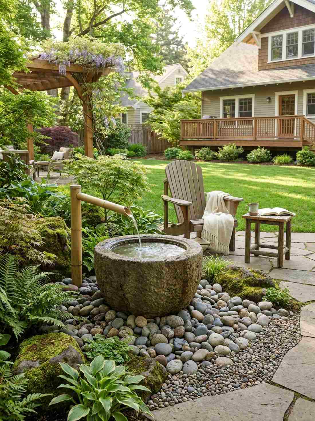 tsukubai stone basin with bamboo kakei
