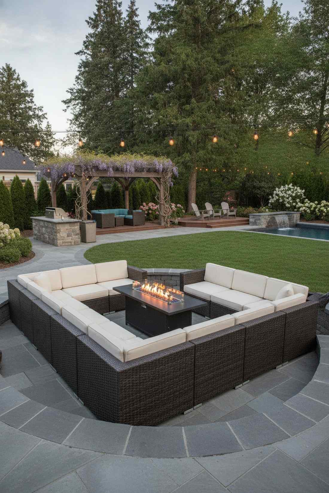 u shaped sectional with central fire feature