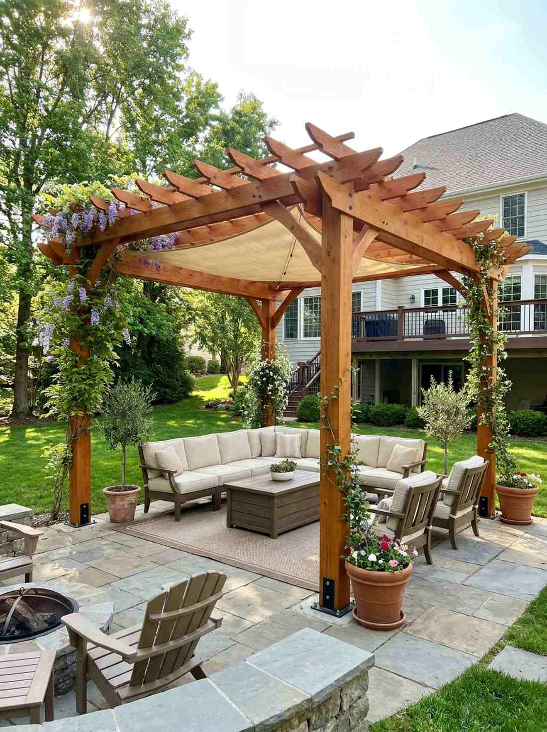 corner pergola with furniture below