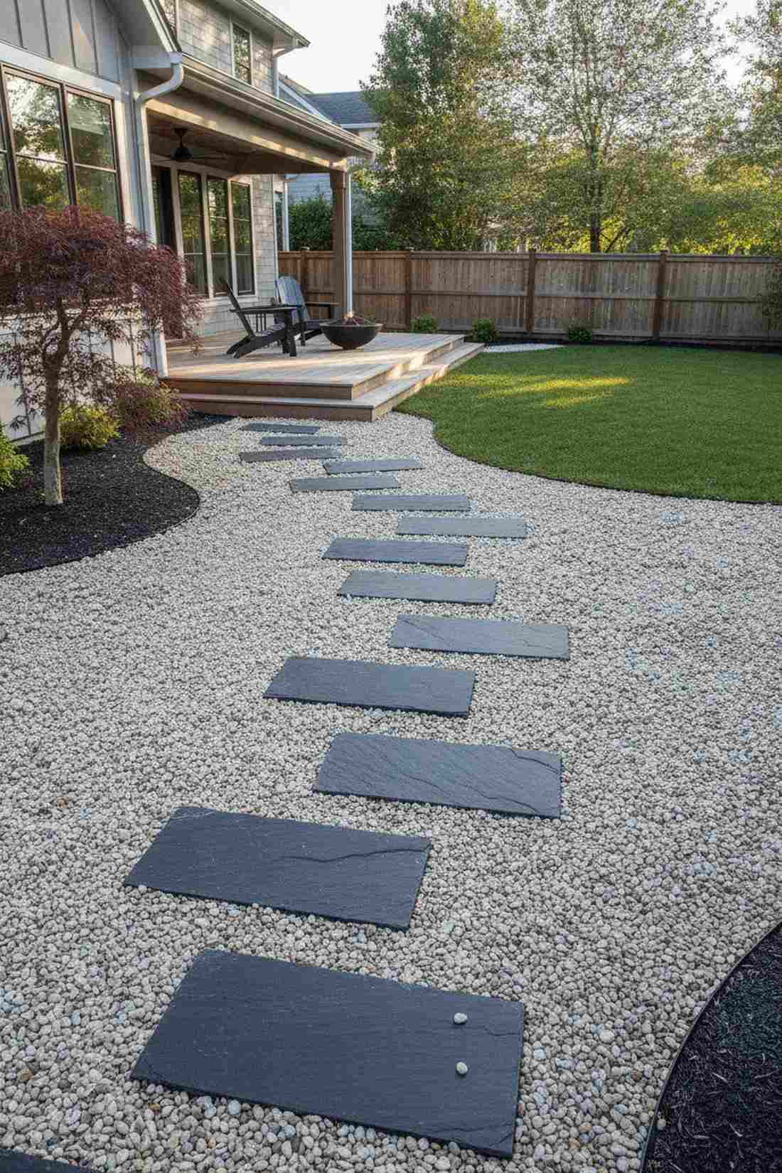 slate stepping stones in gravel