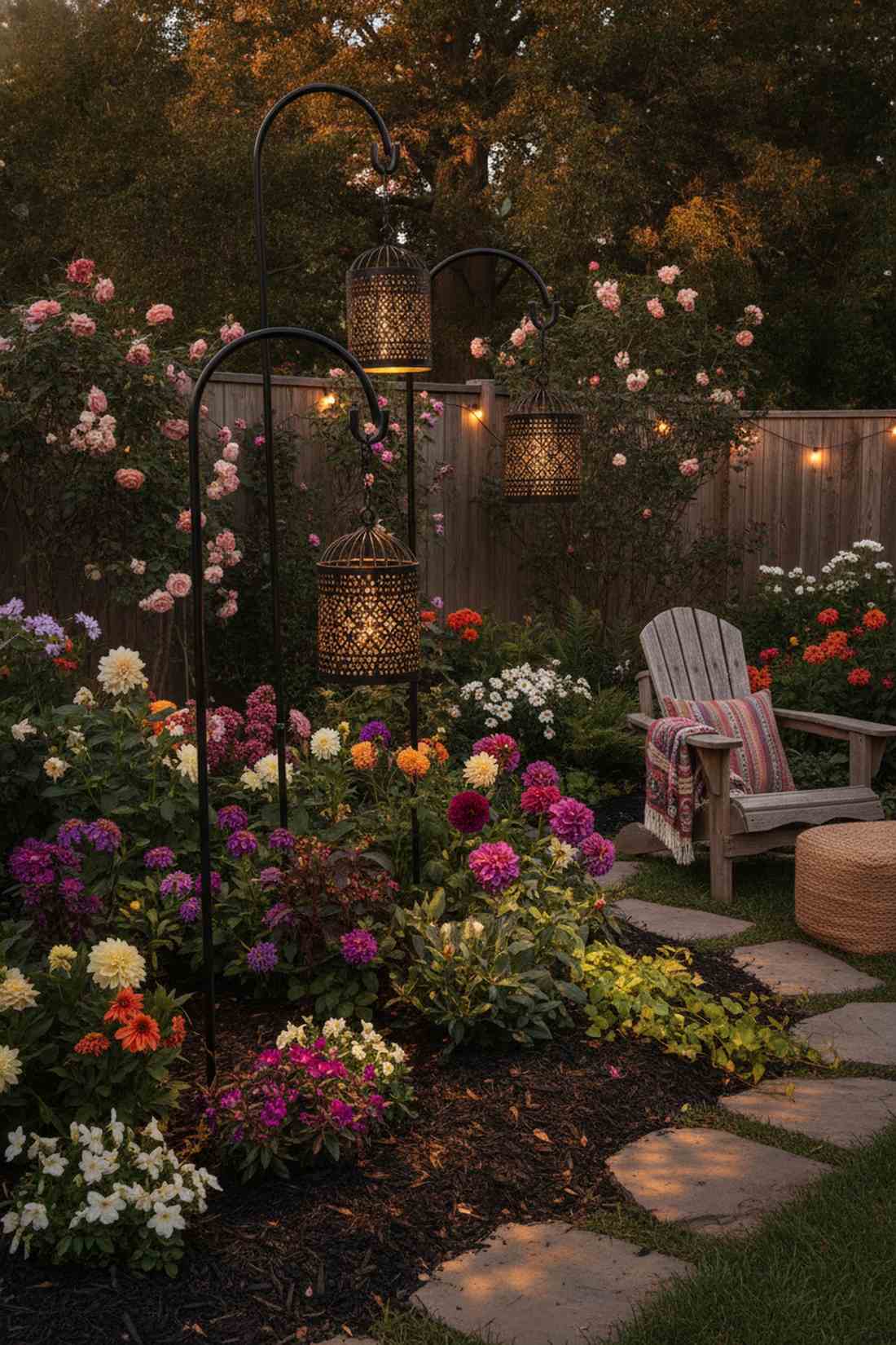 solar lanterns in flower borders