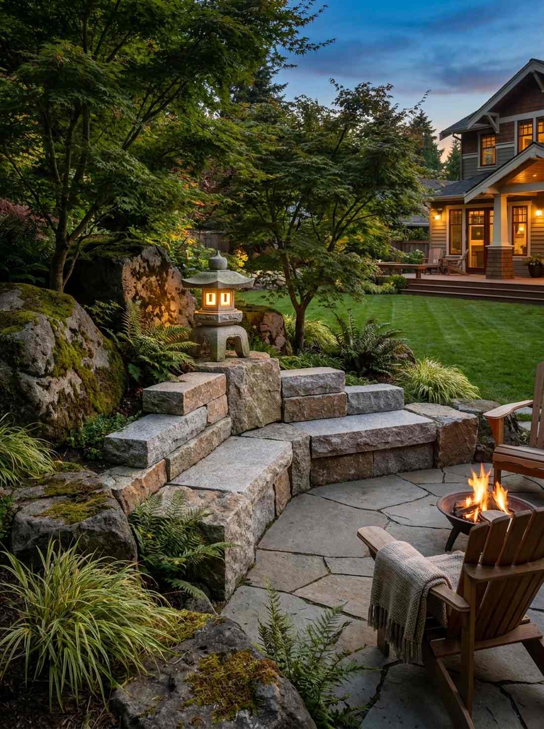 stepped stone bench with lantern