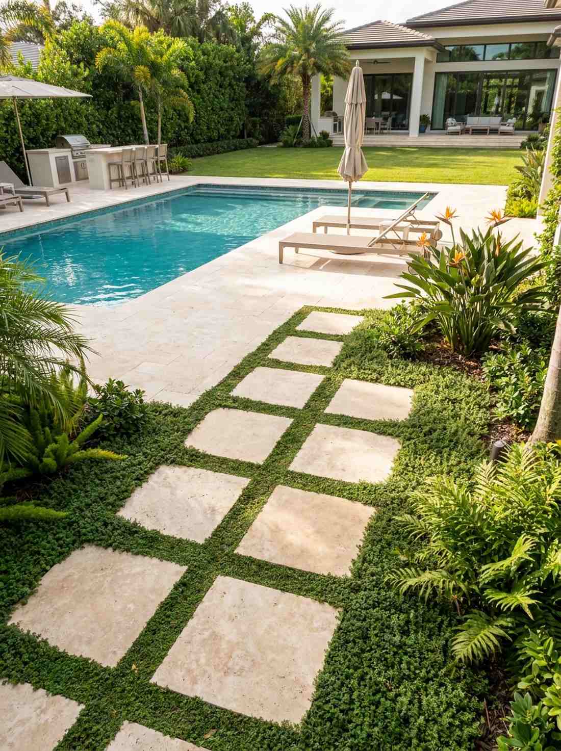 travertine stepping pads with low planting