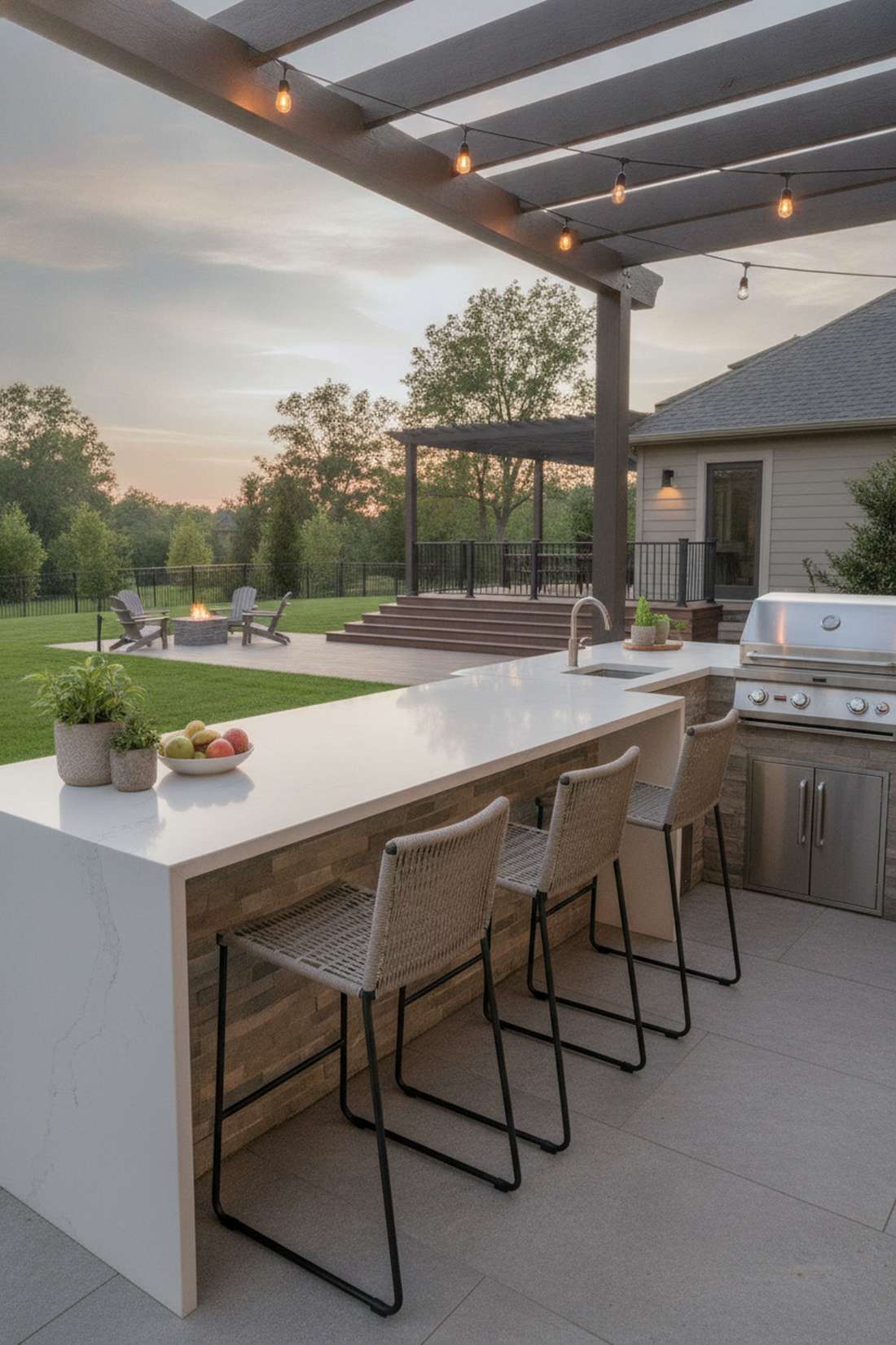 bar height seating near outdoor kitchen