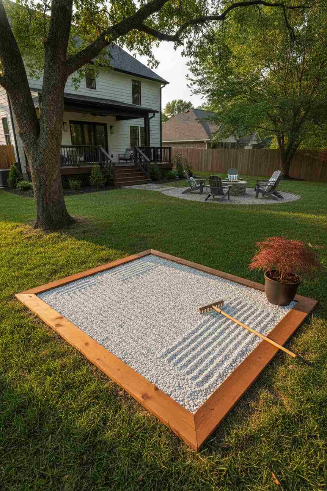 corner zen garden with raked gravel