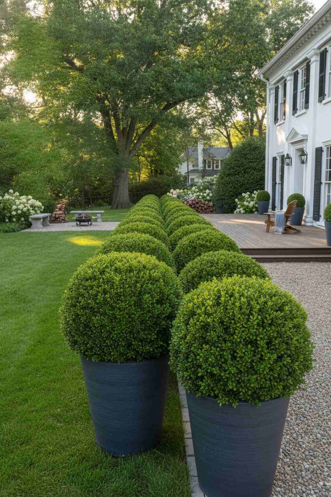 evergreen shrubs in large containers