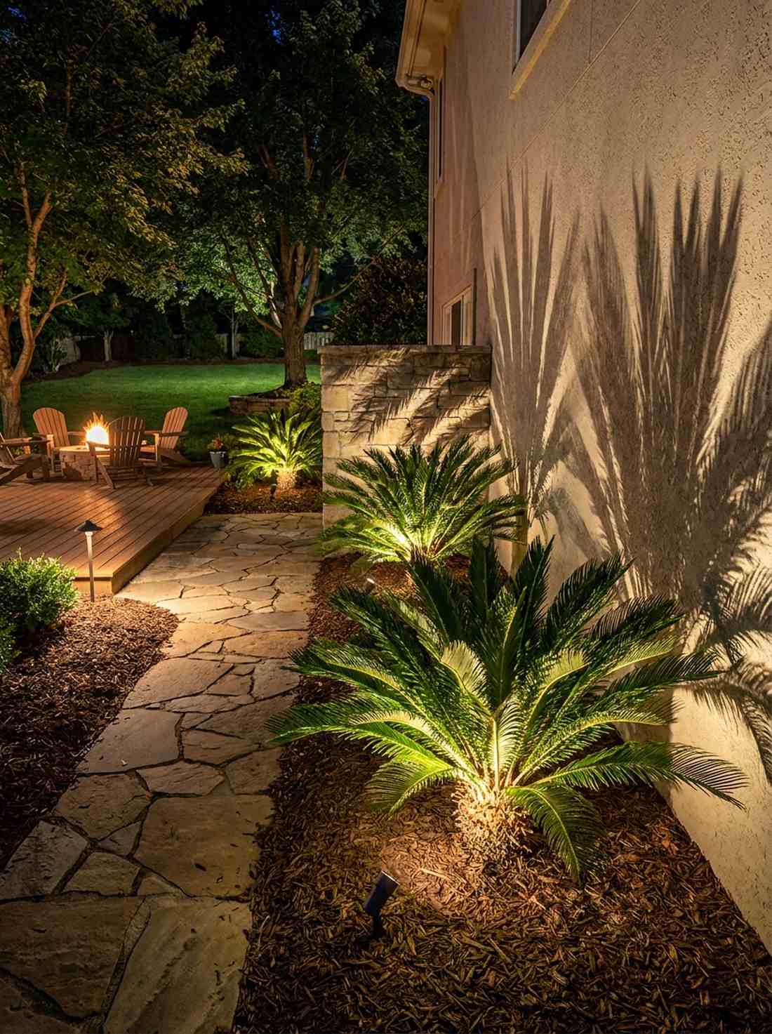 lighted pathway with uplit sago palms