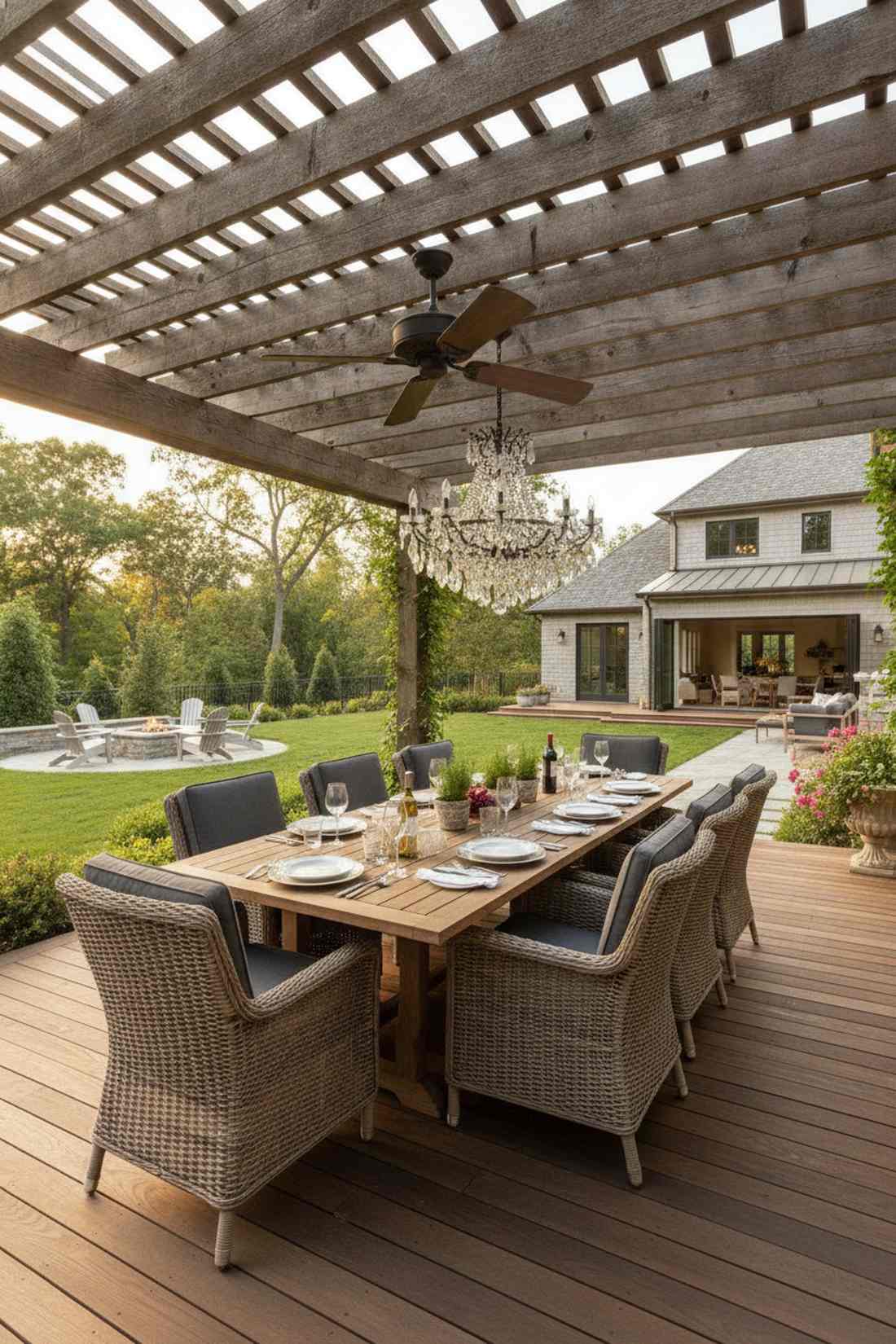 outdoor dining room with chandelier