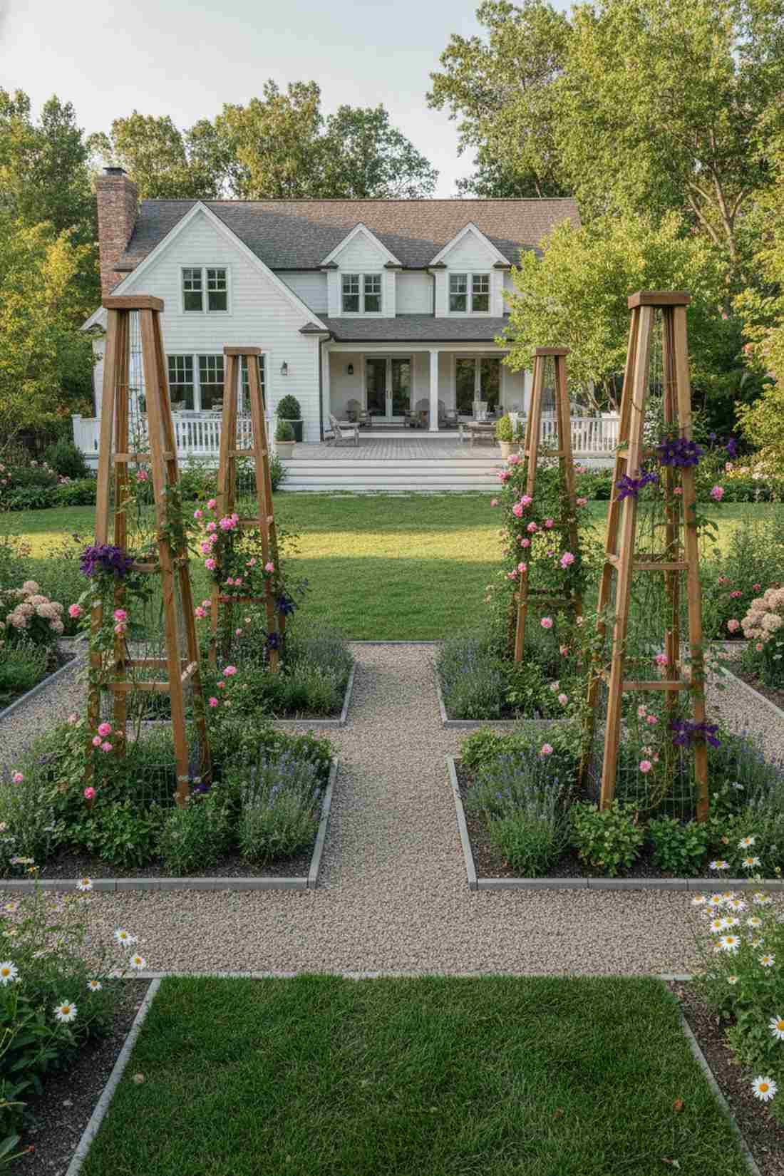 quadrant flower beds with obelisks