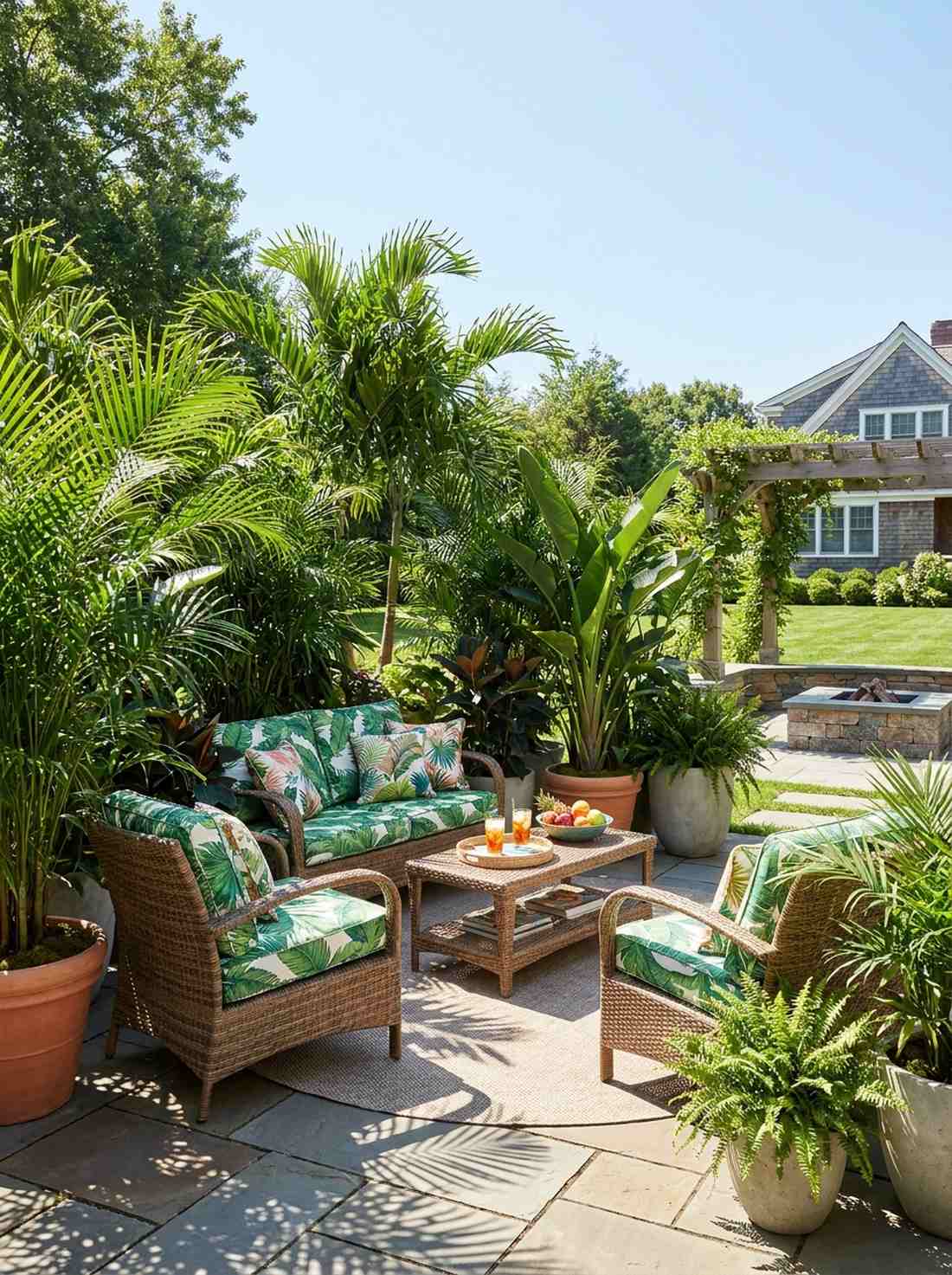 rattan furniture courtyard with plant surround