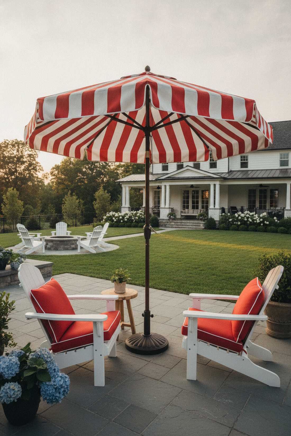 red and white striped awning with matching cushions