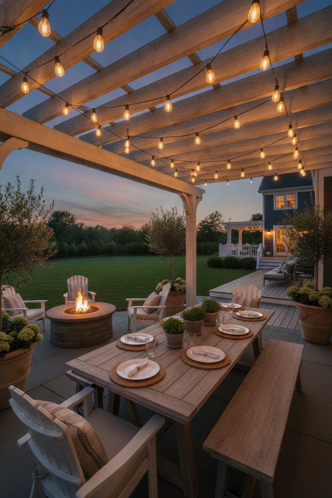 string lights woven through pergola beams