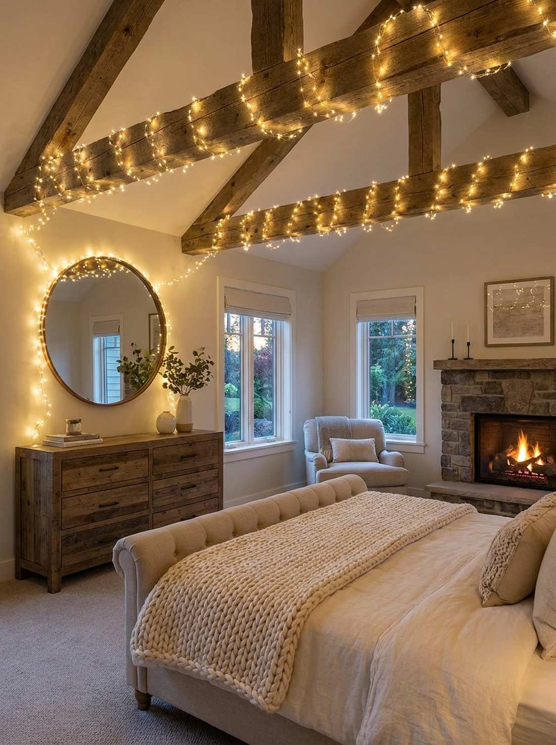 warm string lights on walls or beams