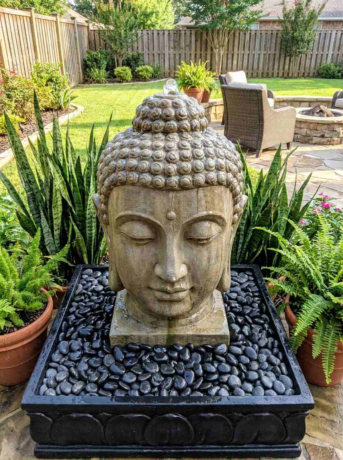 buddha head fountain with crown spillway