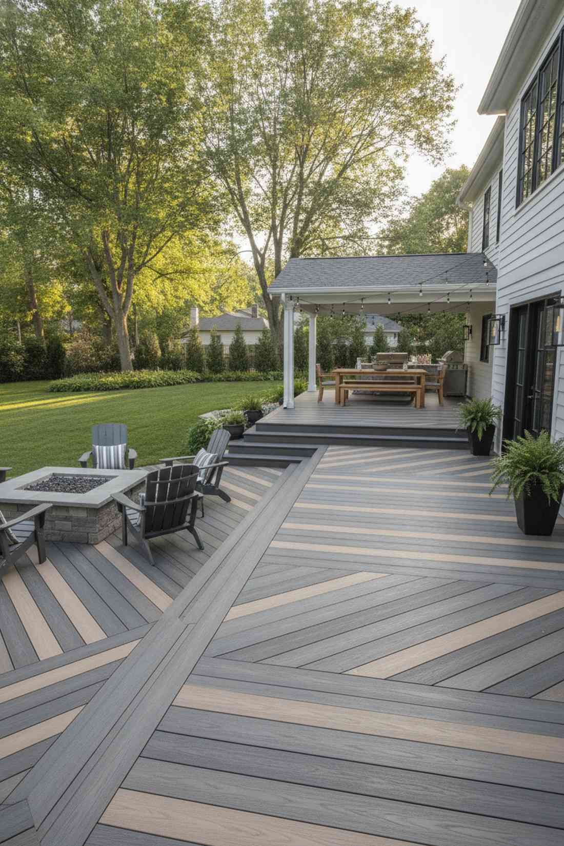 composite decking in charcoal and sand tones