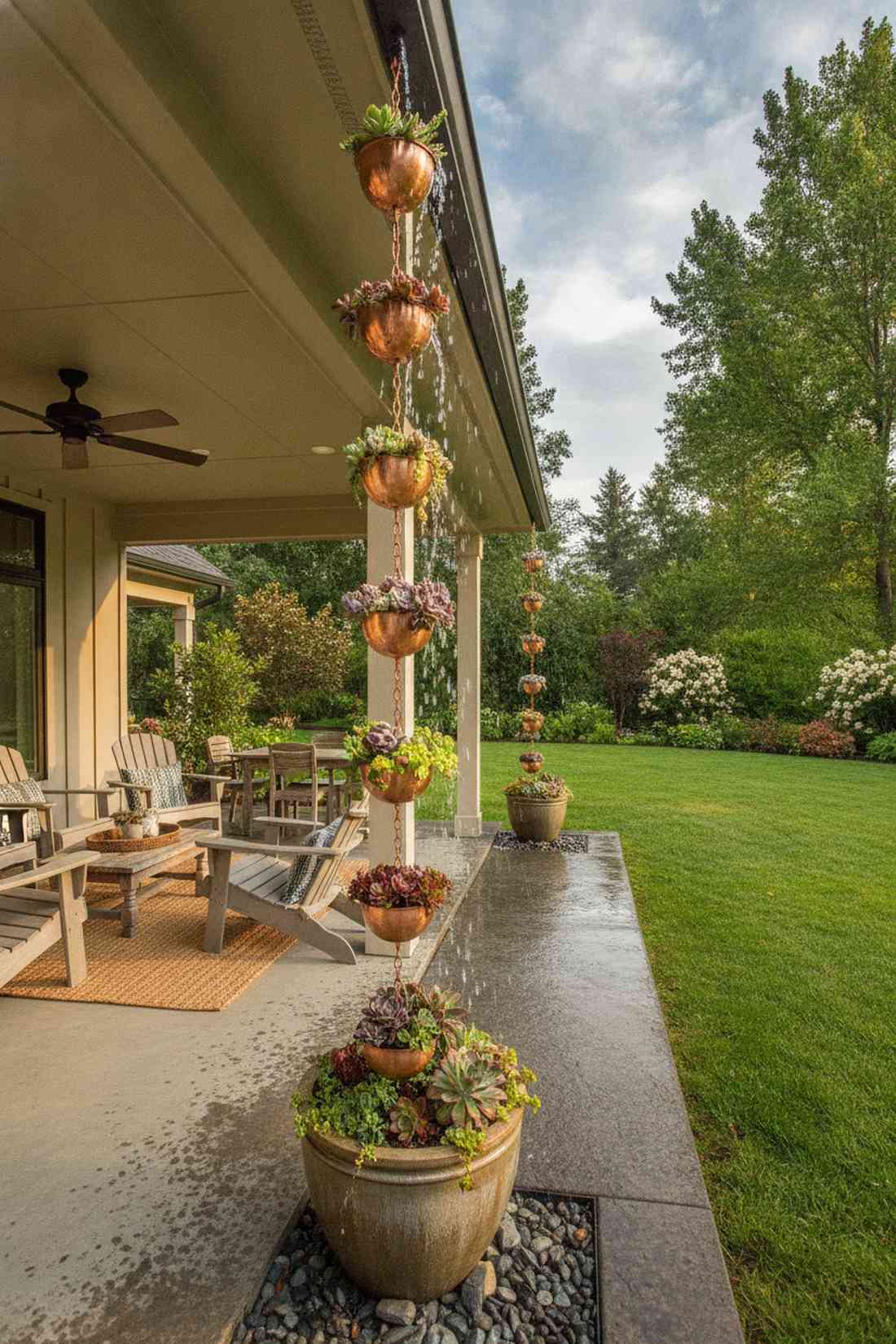 covered patio rain chain planters