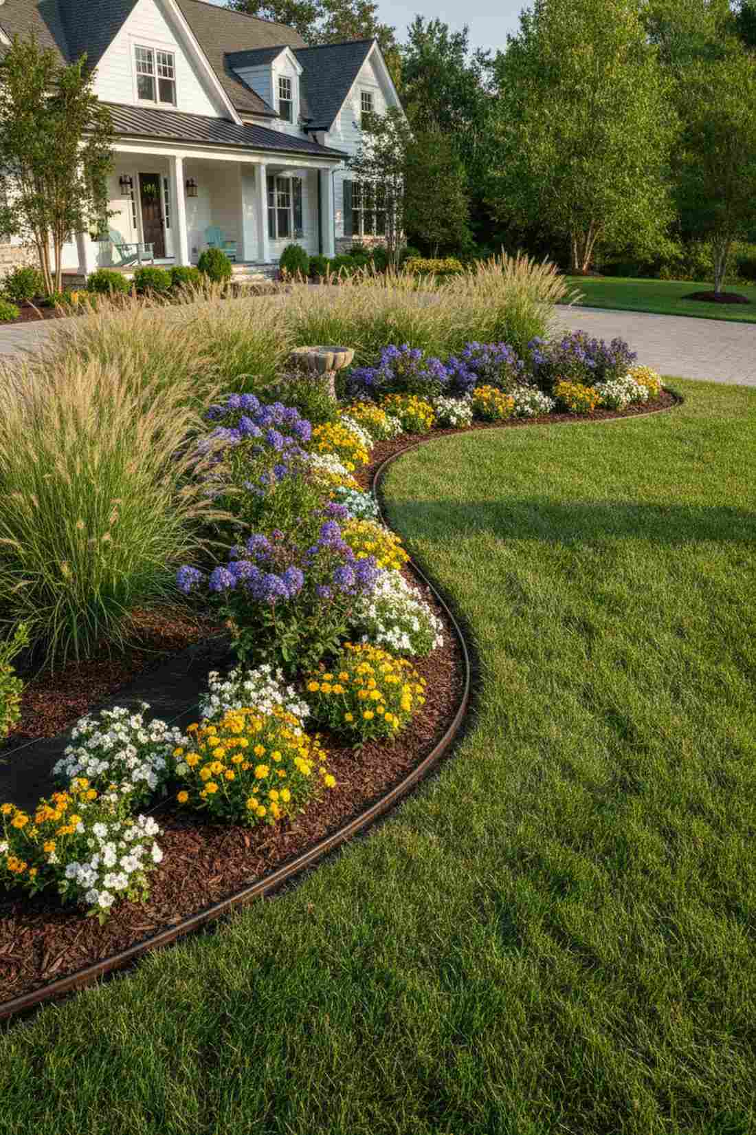 curved border flower bed with layers