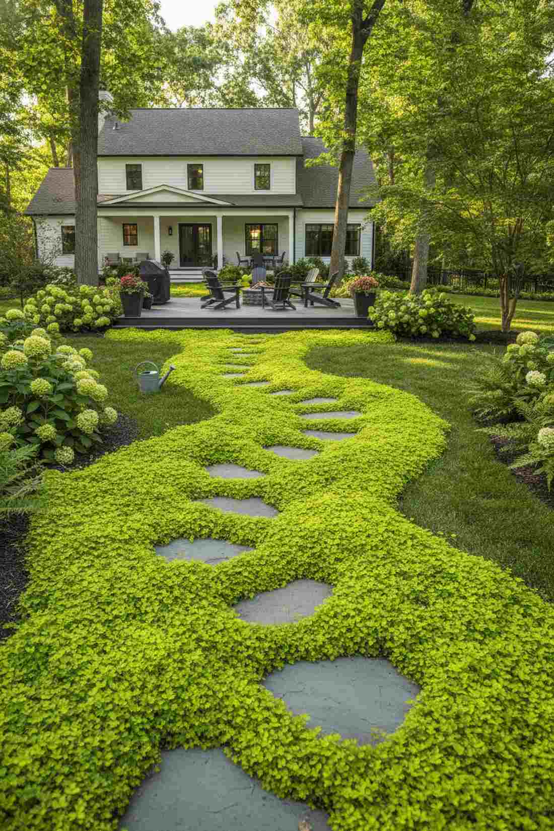 curved stepping stones in moss and groundcover