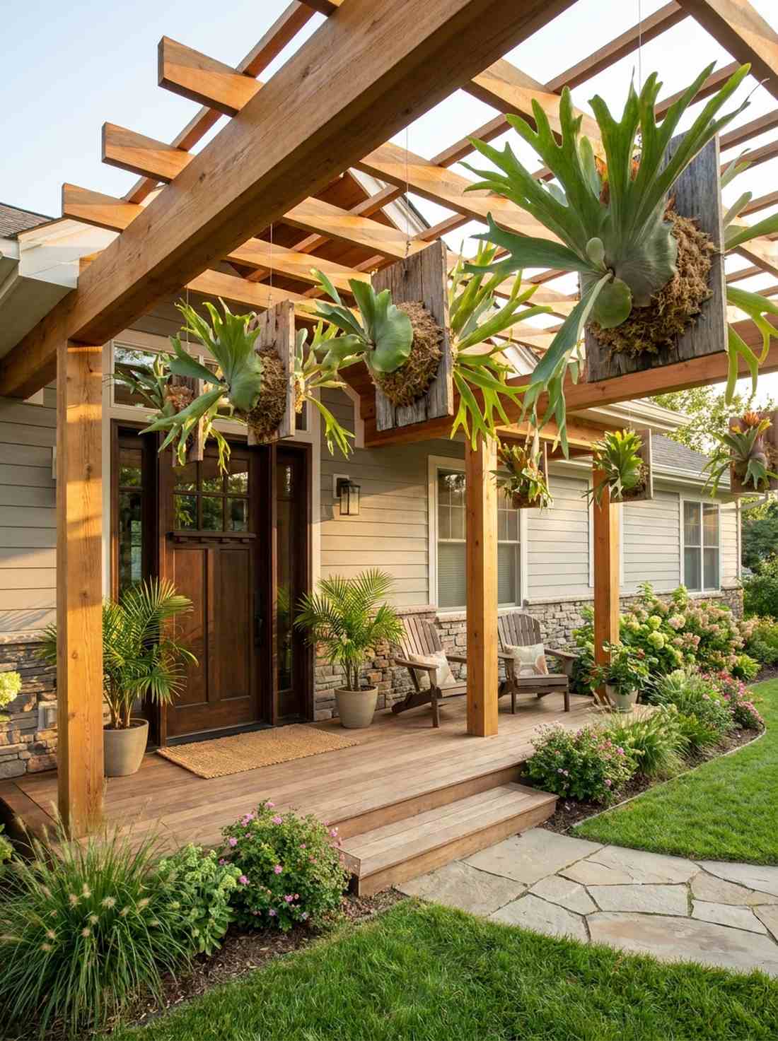 pergola entry canopy with hanging staghorn ferns