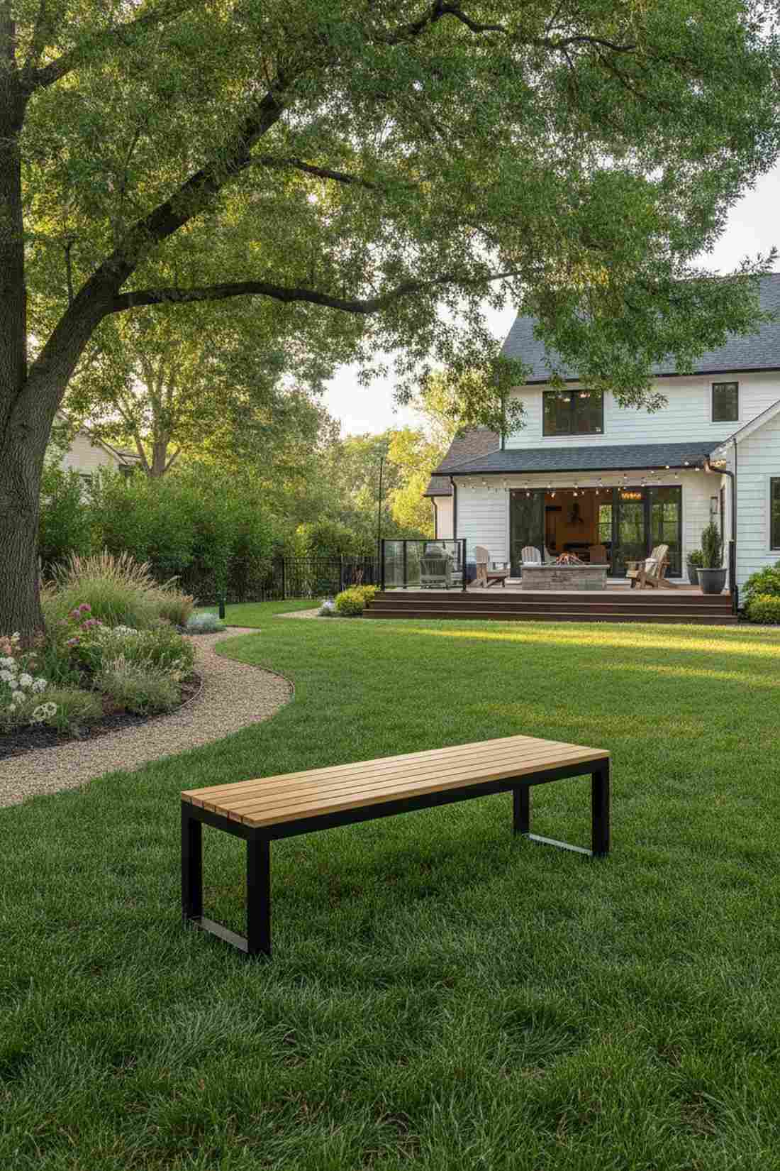 slatted teak bench with steel frame
