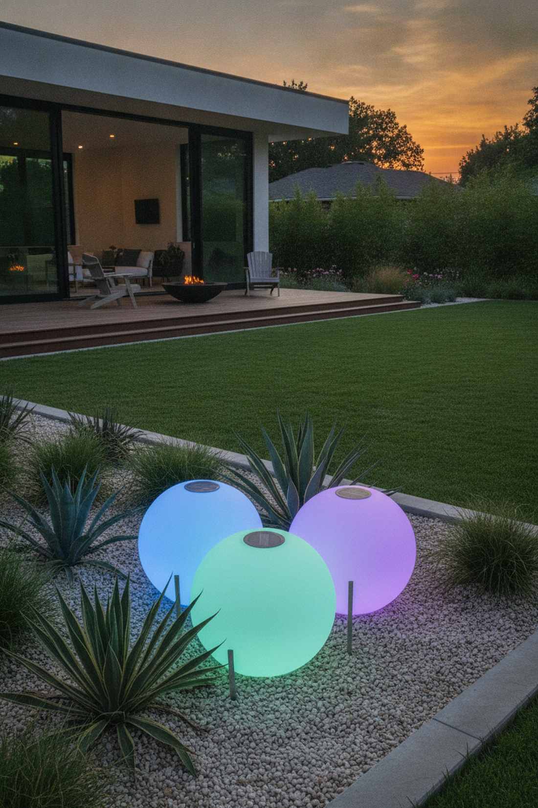 solar globe lights in landscape beds