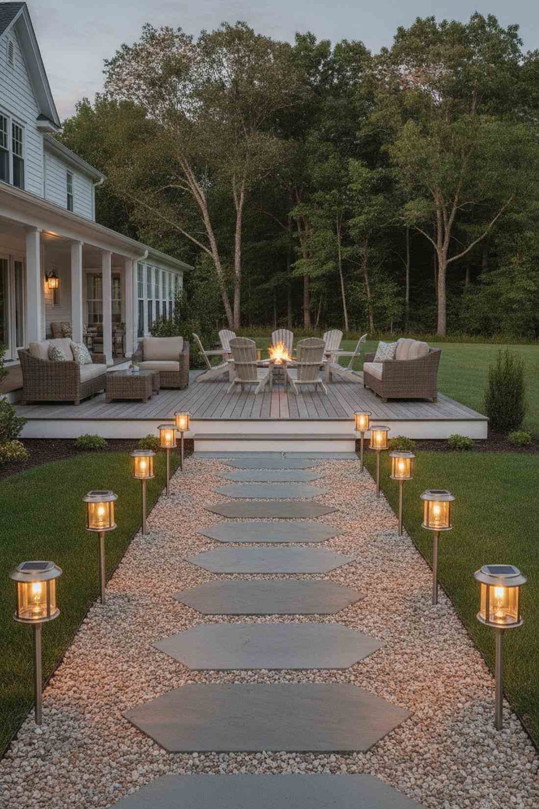 solar pathway lights flanking the approach