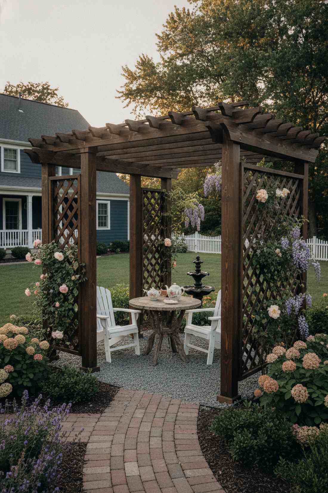 stained pine pergola with lattice sides