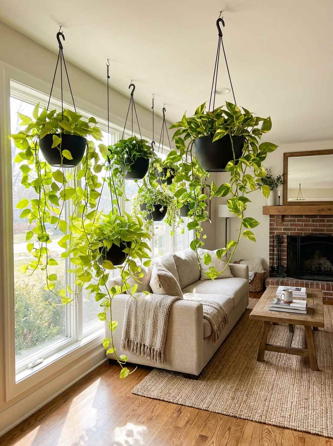 trailing pothos in black hanging planter