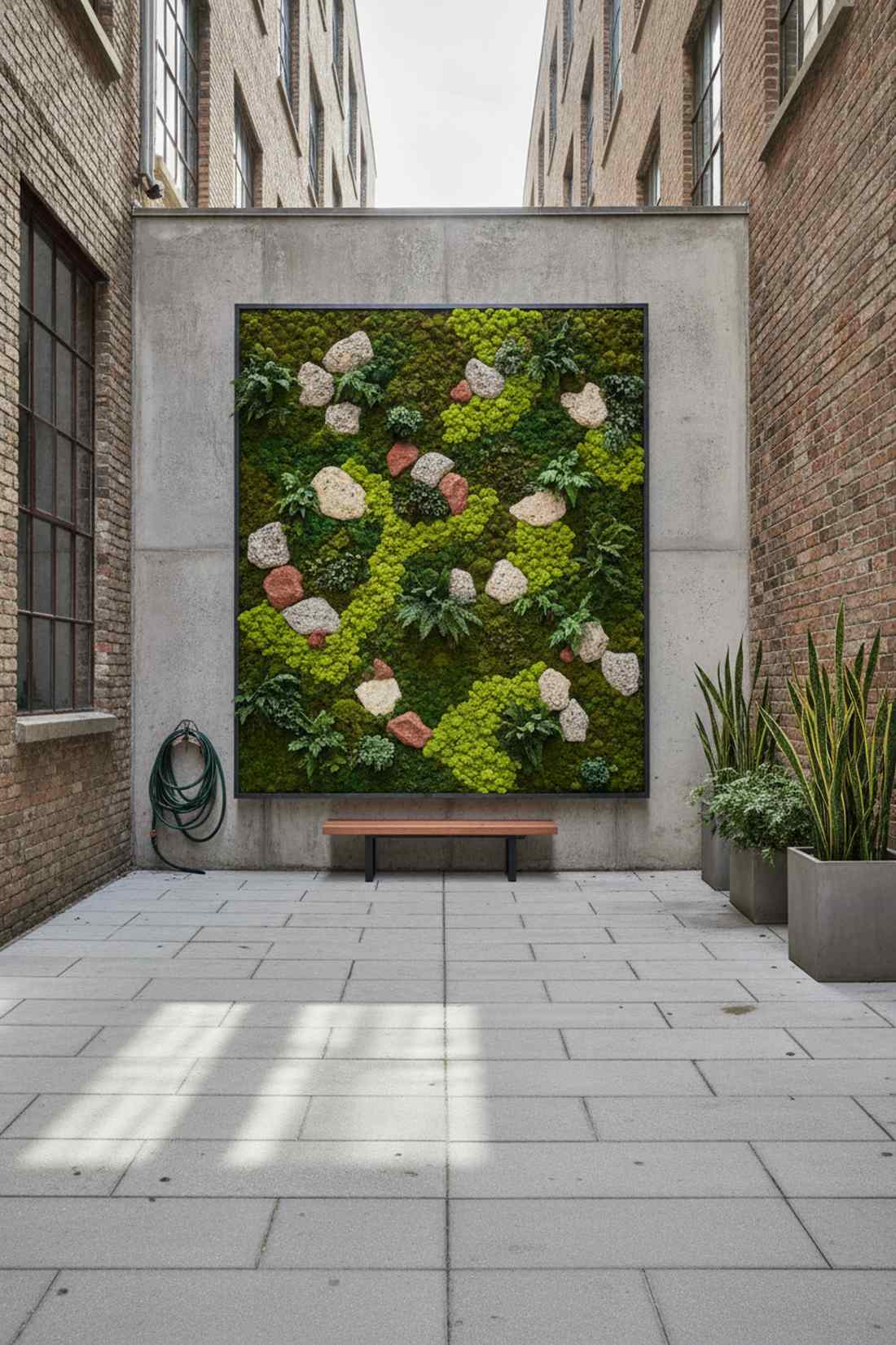 vertical garden wall with stone accent