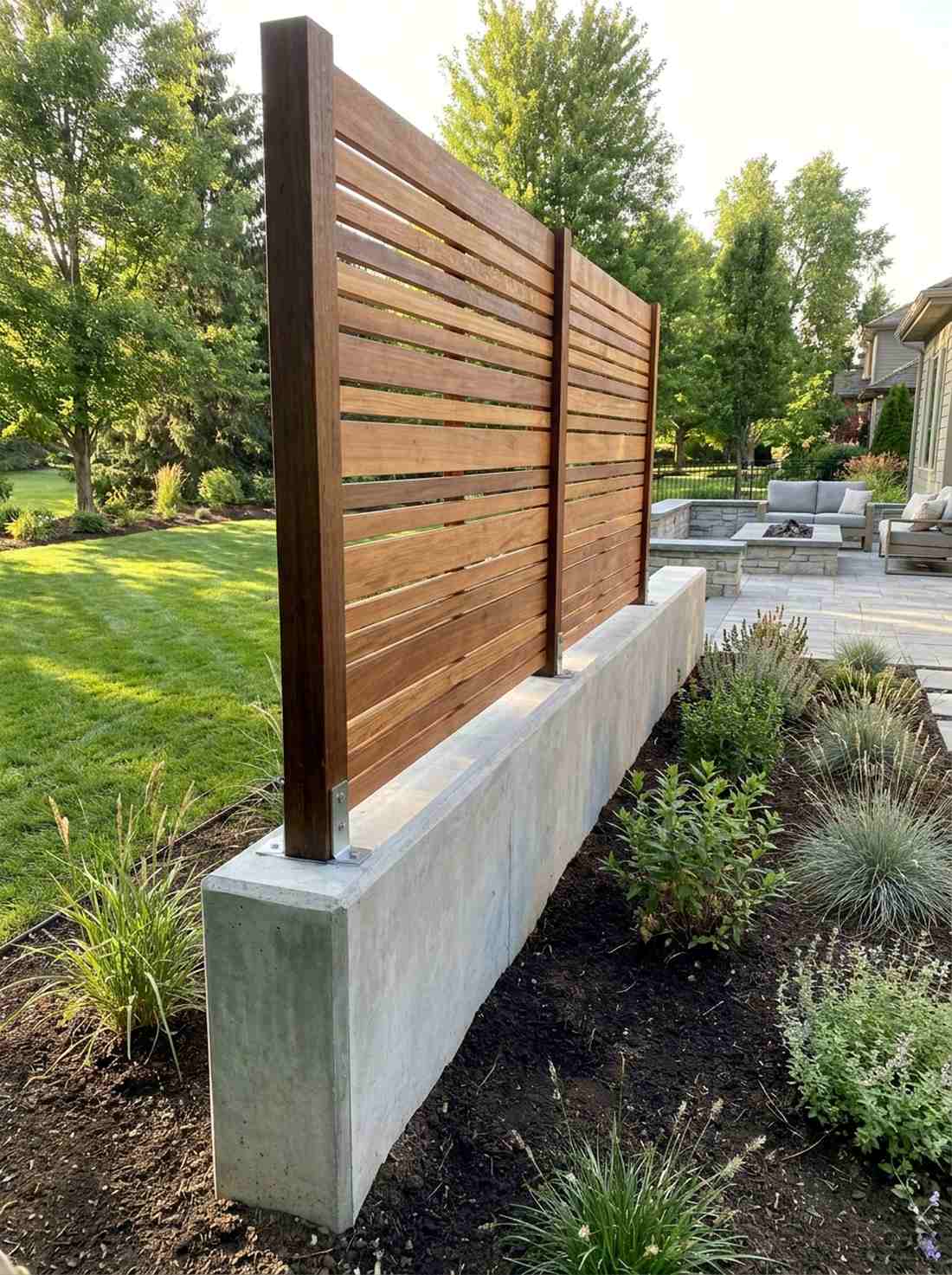 wood slat concrete base fence