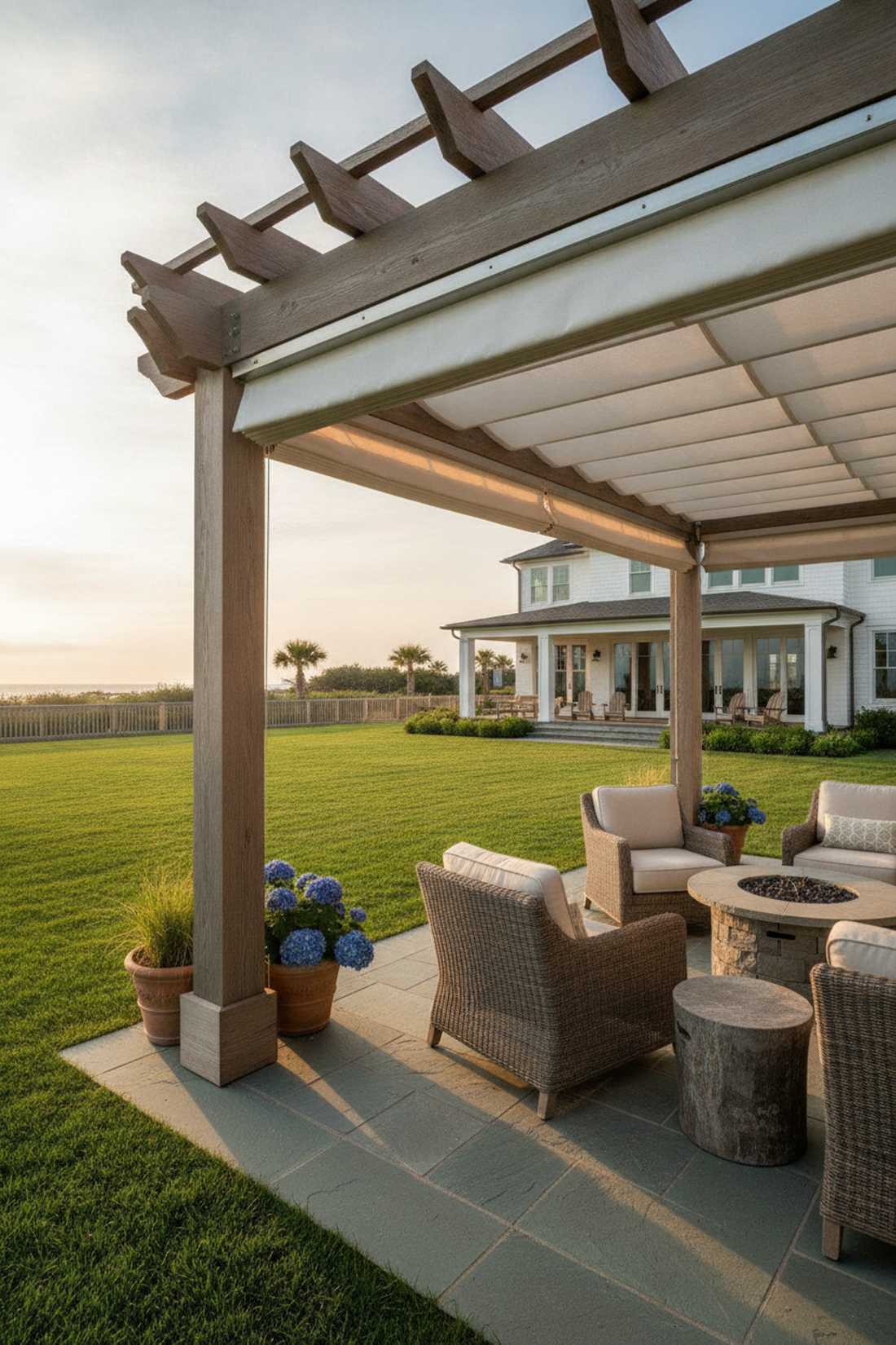 cedar pergola with retractable canopy