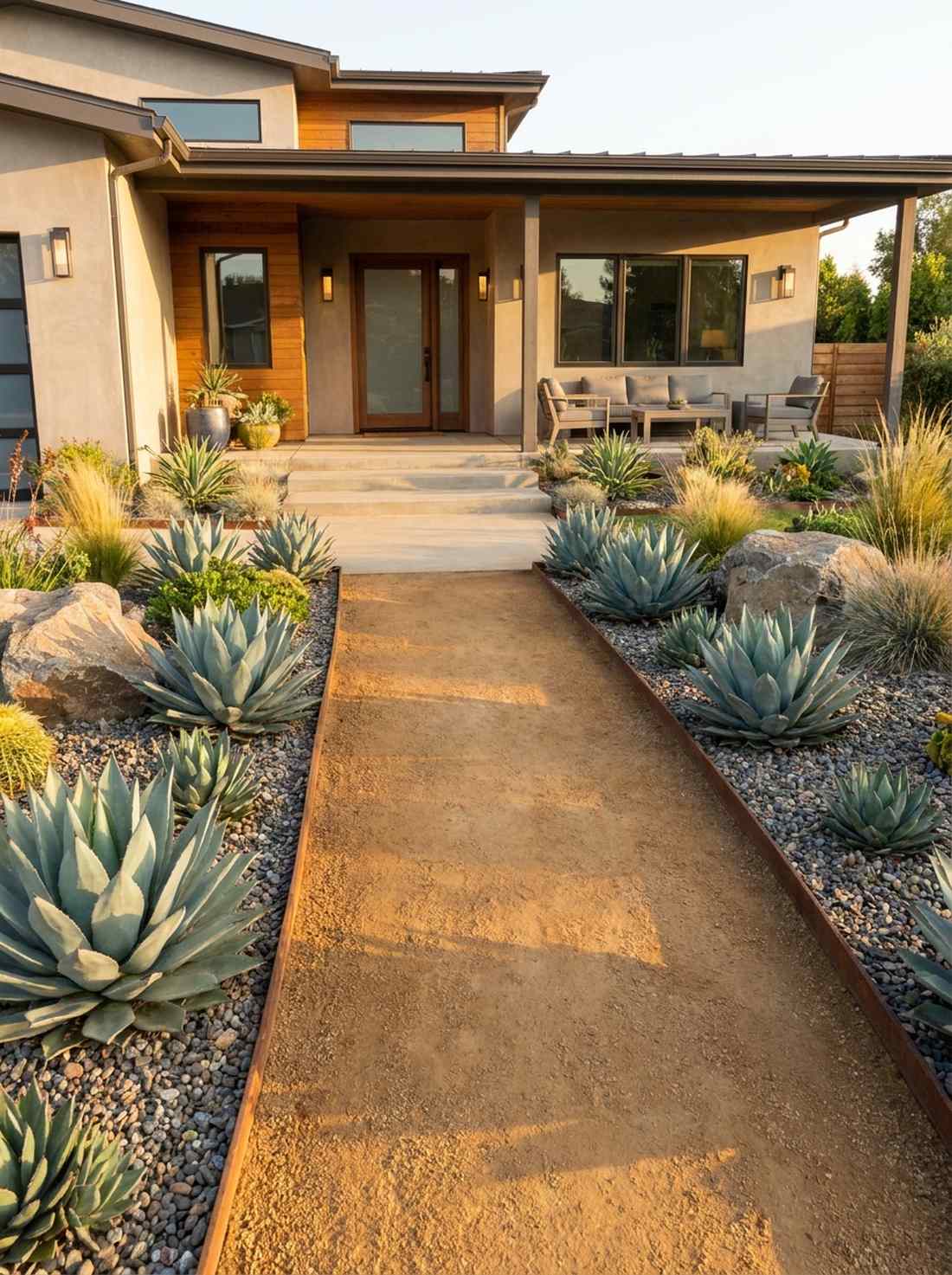 decomposed granite path with agave borders