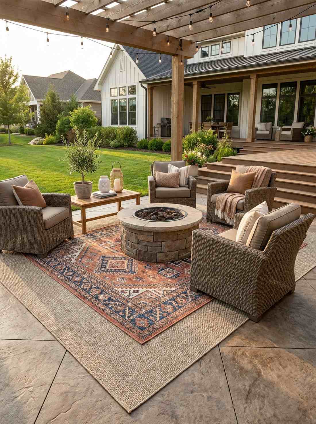 layered outdoor rugs for defined zones